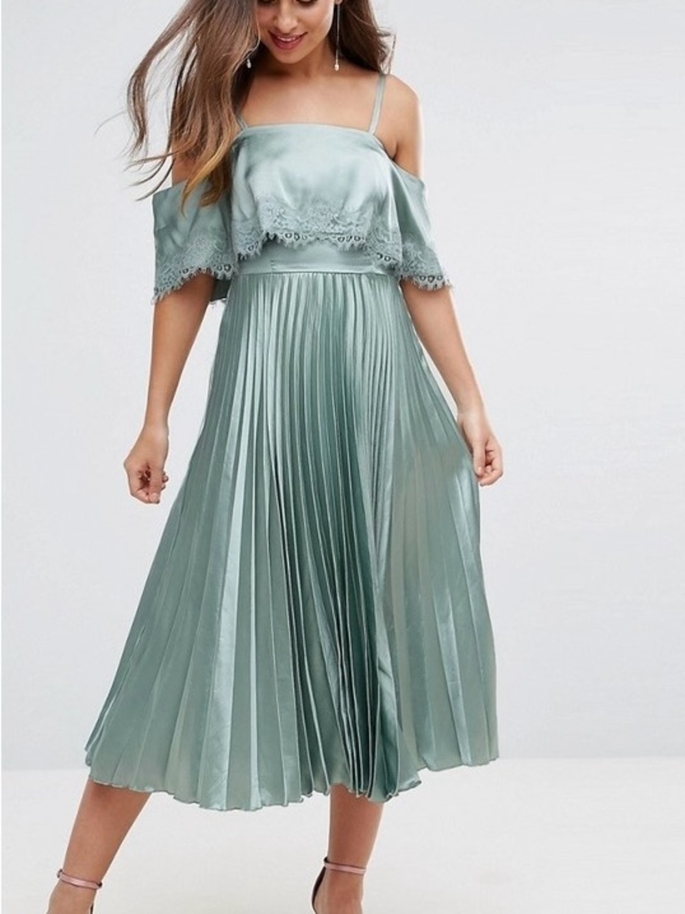 Satin Off-Shoulder Pleated Midi Dress